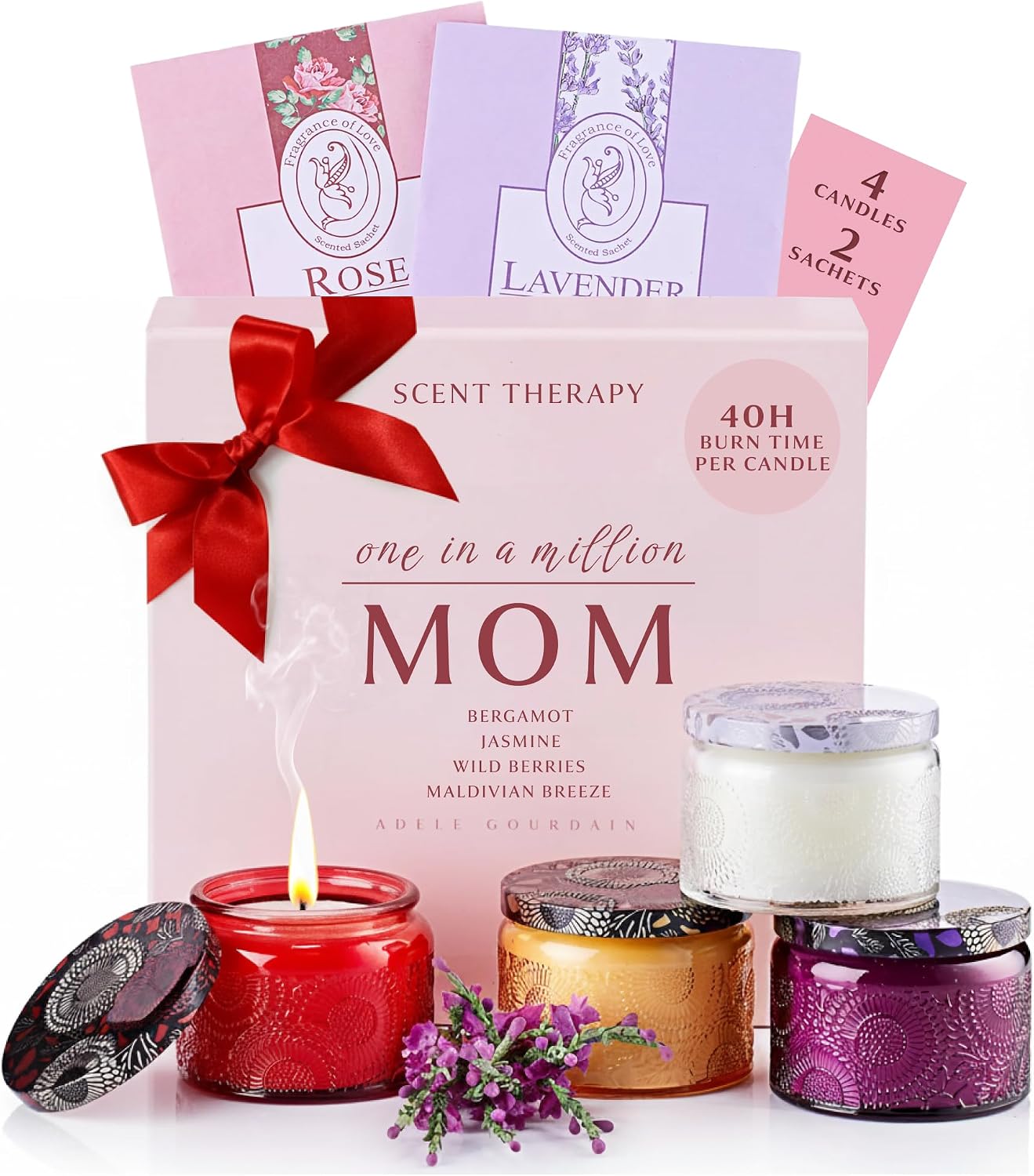 6-pc Scented Candle Gift Set for Women, Aromatherapy Inspired Adelegourdain | Incl. 4 Soy Wax Candles and 2 Fragrance Packets - Gift Ready Box - Scents incl. Bergamot, Maldivian Breeze, Jasmine, Berries