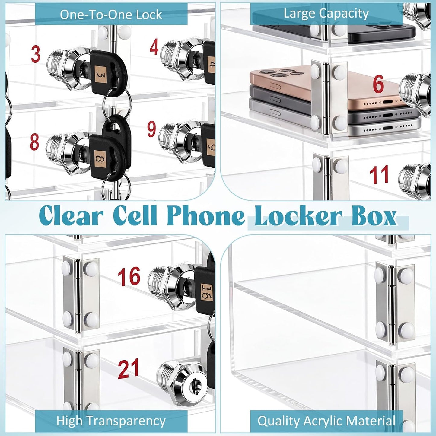Layhit 20 Slots Cell Phone Locker Box for Classroom Clear Acrylic Cell Phone Storage Cabinet Bin with Door Locks for Classroom School Students Office Factory Employees