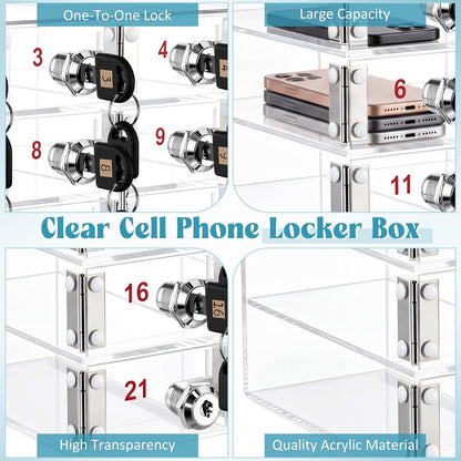 Layhit 20 Slots Cell Phone Locker Box for Classroom Clear Acrylic Cell Phone Storage Cabinet Bin with Door Locks for Classroom School Students Office Factory Employees