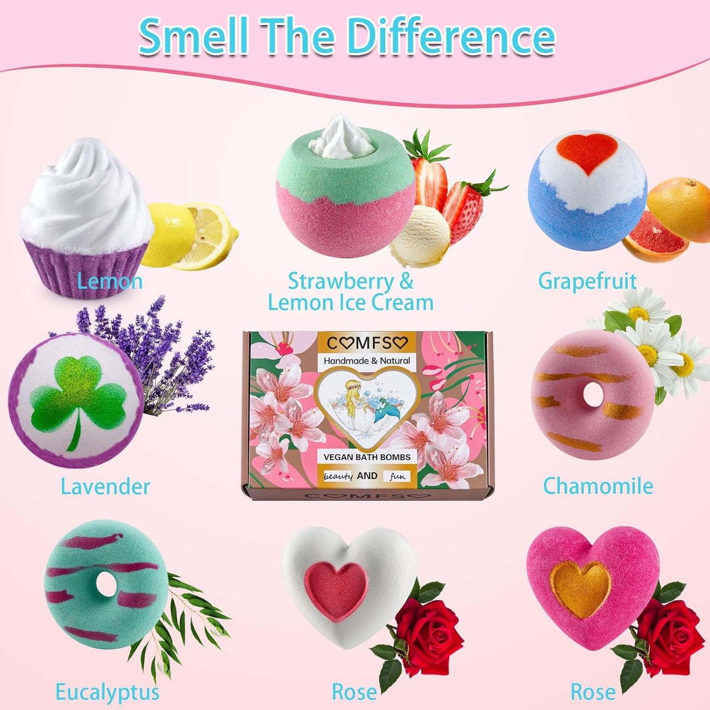 comfso Bath Bombs for Kids, 10 Bath Bomb Gift Set, Natural Bubble Bathbombs