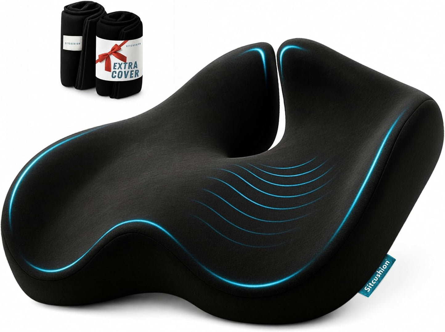 SitCushion Ergonomic Seat Cushion for Sciatica & Tailbone Pain Relief – Extra Large Memory Foam Office Chair Cushion for Long Sitting, Orthopedic Coccyx Cushion for Desk Chair, Car & Wheelchair(Black)