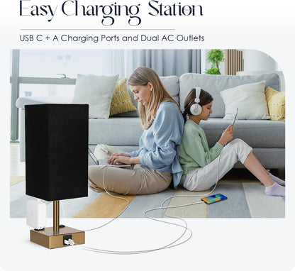 Bedside Table Lamp for Bedroom - Touch Small Lamp with USB C+A Charging Ports & AC Outlets, 3 Way Dimmable Nightstand Light for Living Room (LED Bulb Included, Grey)