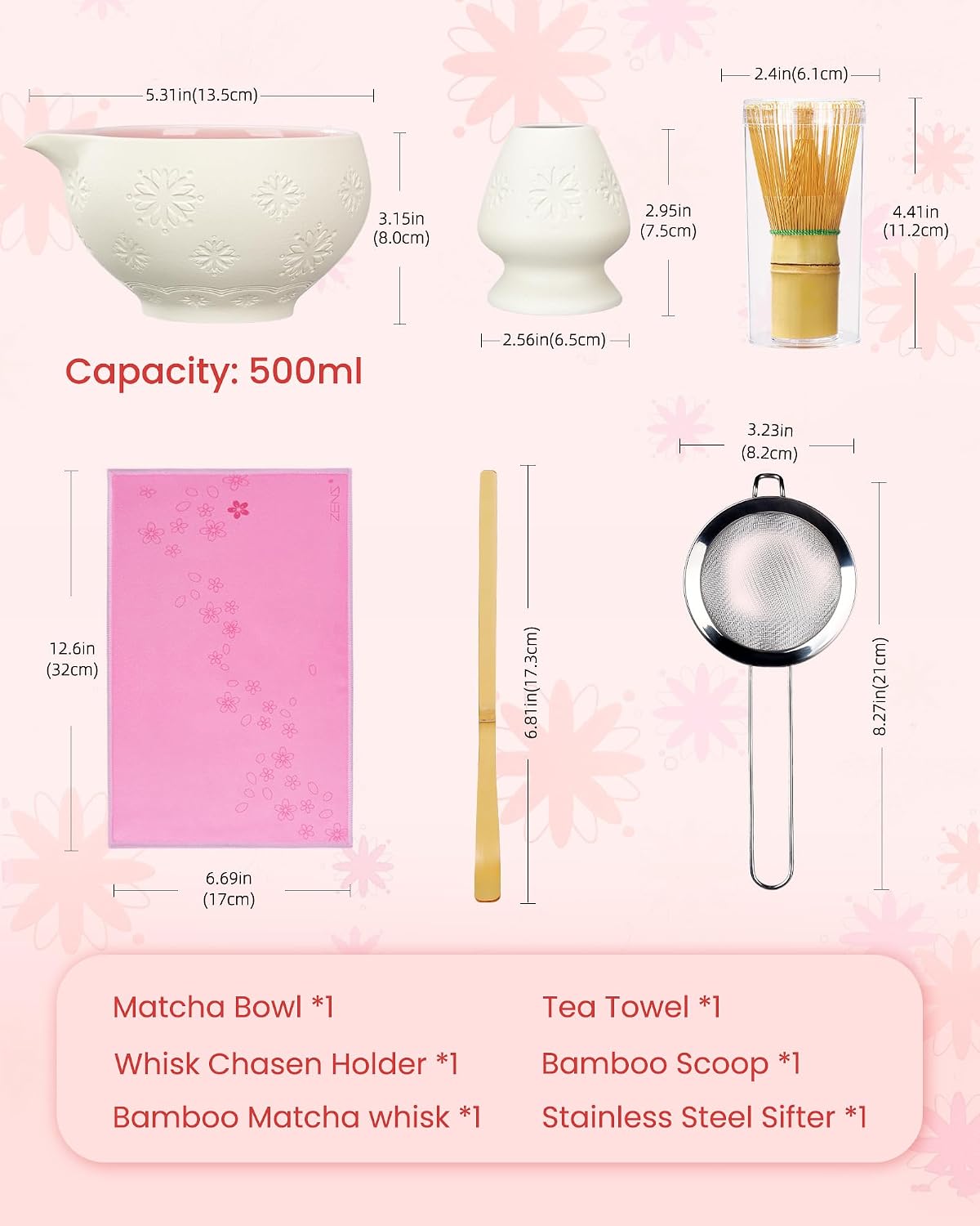 ZENS Matcha Whisk Set, Matcha Kit Set, Matcha Bowl with Spout, Bamboo Whisk & Scoop, Chasen Holder, 304 Sifter & Tea Mat, 6pcs Japaness Matcha Kit for Matcha Lovers, Birthday Gift, Pale Green