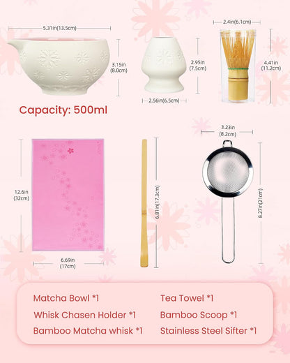 ZENS Matcha Whisk Set, Matcha Kit Set, Matcha Bowl with Spout, Bamboo Whisk & Scoop, Chasen Holder, 304 Sifter & Tea Mat, 6pcs Japaness Matcha Kit for Matcha Lovers, Birthday Gift, Pale Green