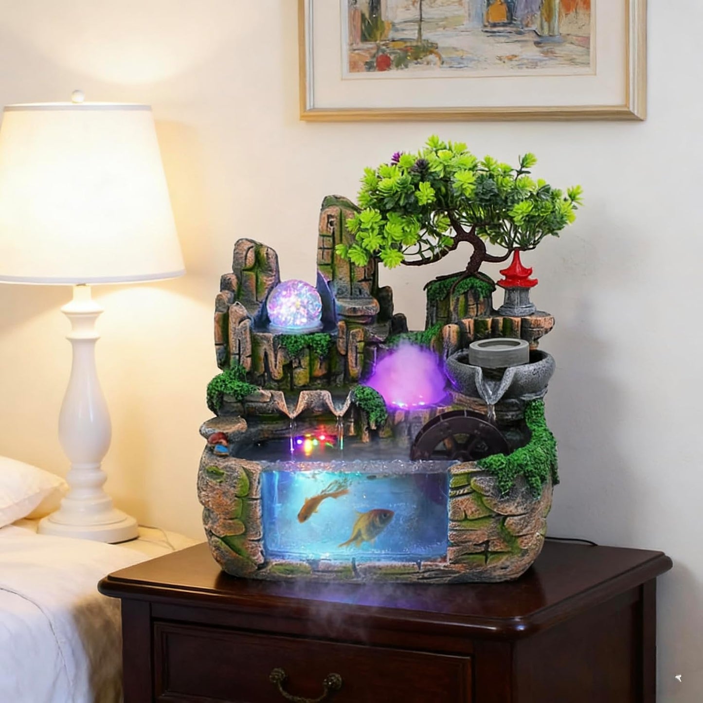 Mini Artificial Bonsai Tree Waterfall Fog Feature Rock Tabletop Fountain | 11in Desktop Decor Waterfall Fountain W/ Water Pump& Atomizer&LED Lights &Fake Tree Office Bedroom Relax