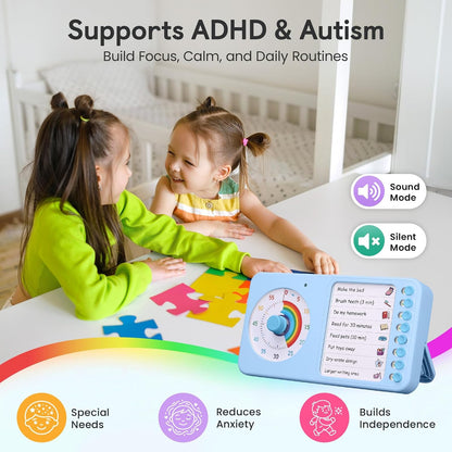 2-in-1 Visual Timer with Task Board for ADHD & Autism, Dry Erase Chore Chart and Visual Schedule for Kids & Adults, Rainbow Countdown Timer for Classroom, Home, Homeschool (White)