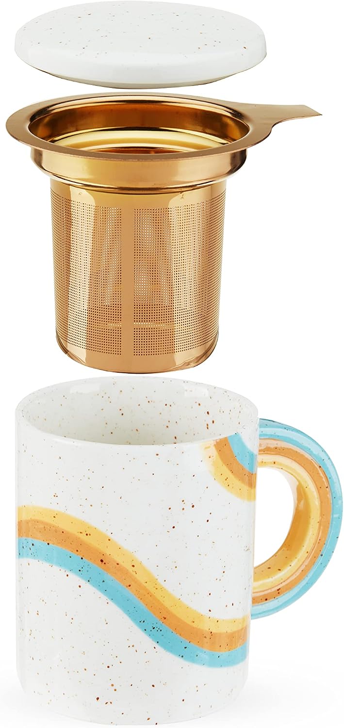 Pinky Up Annette Ceramic Tea Cup with Infuser and Lid, Travel Mug for Loose Leaf Teas, Home Office, Camping, Picnic Party, 12 oz, Set of 1, Honeycomb
