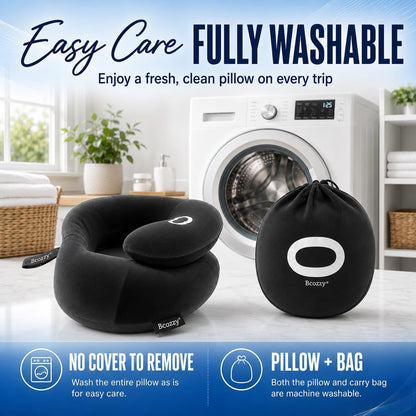 BCOZZY Travel Neck Pillow for Airplane– Patented Double Support for Head, Neck, and Chin. Best for Long Flights, Plane Sleeping, and Car Rides. Adjustable Size. Fully Washable. Carry Bag. Large, Black