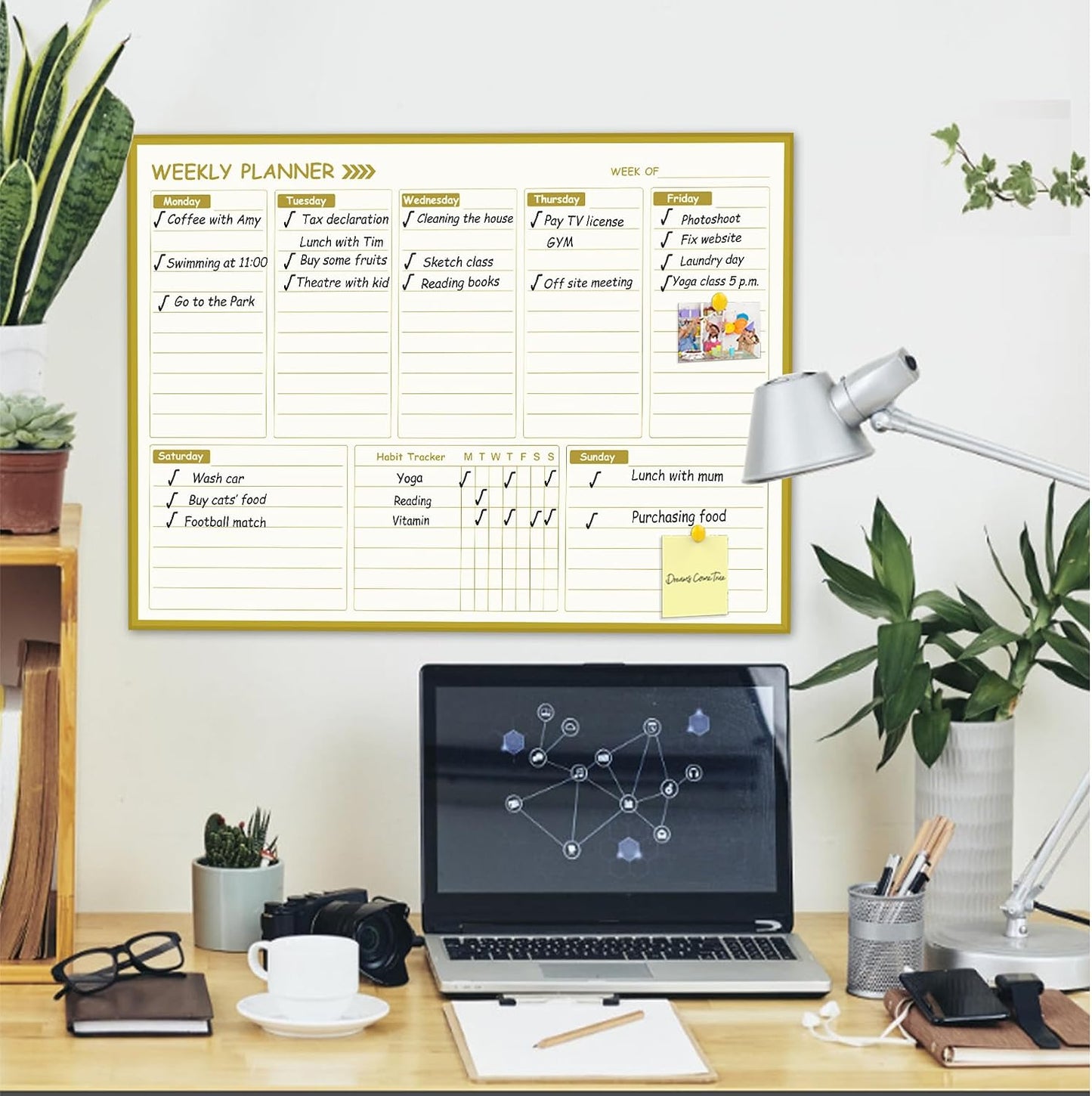 Gold Weekly Dry Erase Board for Wall,12"x16",Gold Metal Frame Weekly Planner Whiteboard for to Do List, Memo, School, Home, Office, Kitchen-GZ
