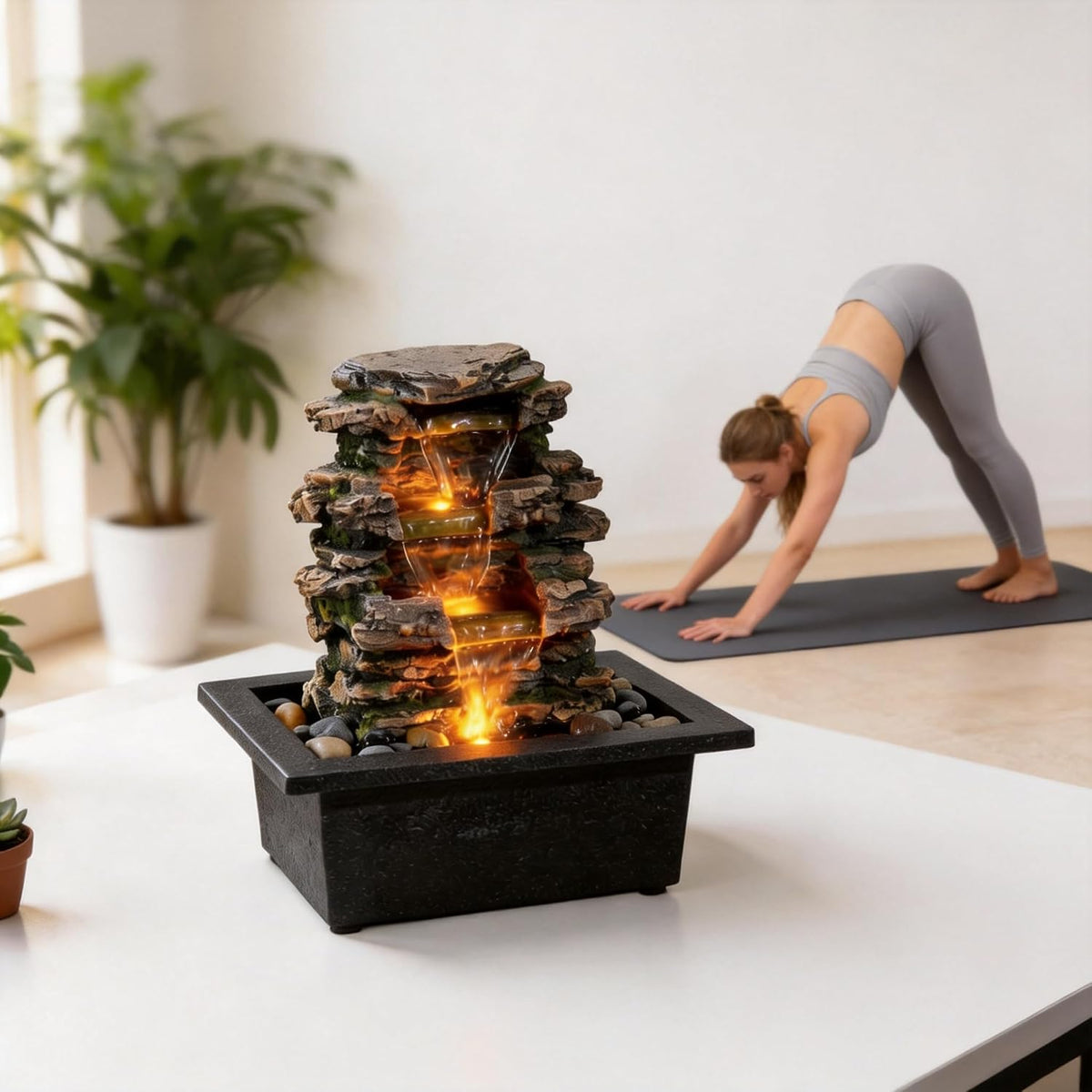 MAOCHI Tabletop Waterfall Fountain with LED Light, Indoor Zen Relaxation Desktop Water Feature with Automatic Silent Pump & Natural Stones, Desk Fountain for Home Office Decor, Stress Relief Gift