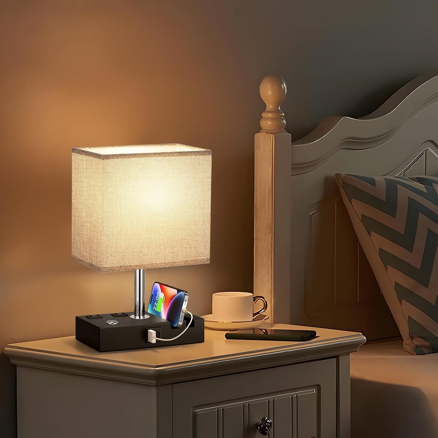 Kakanuo Fully Dimmable Nightstand Lamp for Bedroom with USB C Ports, Grey Small Bedside Table Lamp with Charging Outlets and Phone Stands, Wooden Desk Lamp for Living Room, LED Bulb Included