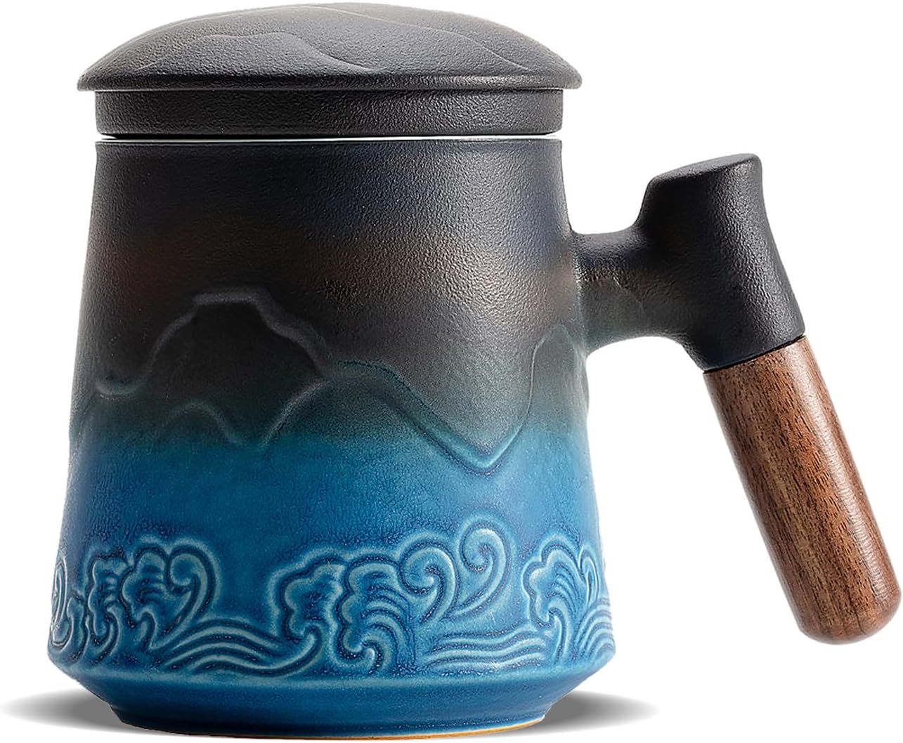 ZENS Embossed Ceramic Tea Mug with Infuser and Lid, 14.5 oz Wooden Handle, Loose Leaf Tea Steeper Cup & Strainer for Tea Lovers Gifts