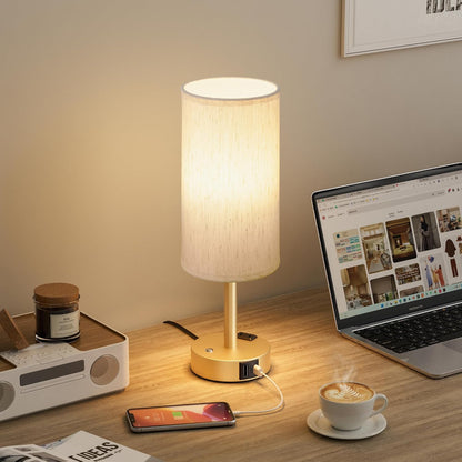 Touch Bedside Table Lamp with Memory - Stepless Dimmable Lamp for Bedroom, Small Nightstand Lamp with Dual USB Charging Ports and AC Outlet, Wood Night Light, Desk Lamp for Nursery, Living Room, Dorm