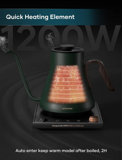 INTASTING Electric Kettle, Gooseneck Electric Kettle, ±1℉ Precise Temperature Control, Stainless Steel Interior, Quick Heating for Pour Over Coffee, Tea & Boiling Water, 0.9L (Black)