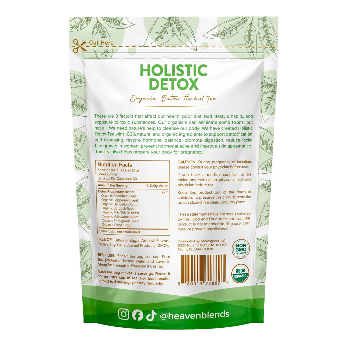 Heaven Blends Organic Holistic Detox Tea – USDA Organic - Spearmint, Dandelion, Burdock, Milk Thistle Seed, Fenugreek & Yellowdock Root – sugar free, caffeine free, and gluten free. 30 Sachet