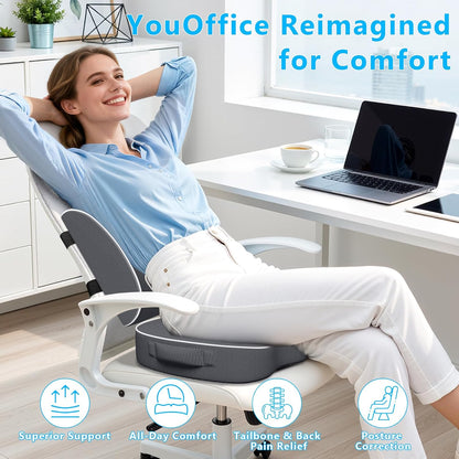SweetSlubr Ergonomic Memory Foam Seat Cushion & Lumbar Support Pillow Set, Orthopedic Coccyx Cushion for Office Chair, Car, Home – Relieves Back, Sciatica & Tailbone Pain, Improves Posture Black/Large