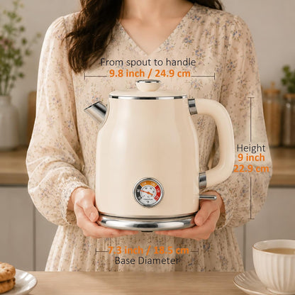 Mecity Retro Electric Kettle 1.7L, Stainless Steel Interior, Food-Grade Silicone Water Contact, Double Wall Cool Touch, 1500W Fast Boil, Thermometer (°F/°C), Wide Opening, Cream