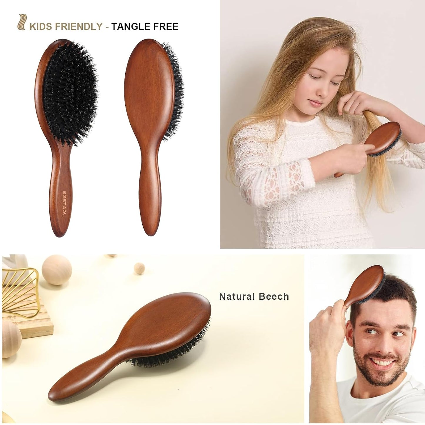 BESTOOL Hair Brush-Boar Bristle Hair Brushes Natural Bamboo Wooden Cushion Massage Anti Static Large Paddle Hairbrush for Women Men and Kid (Round)