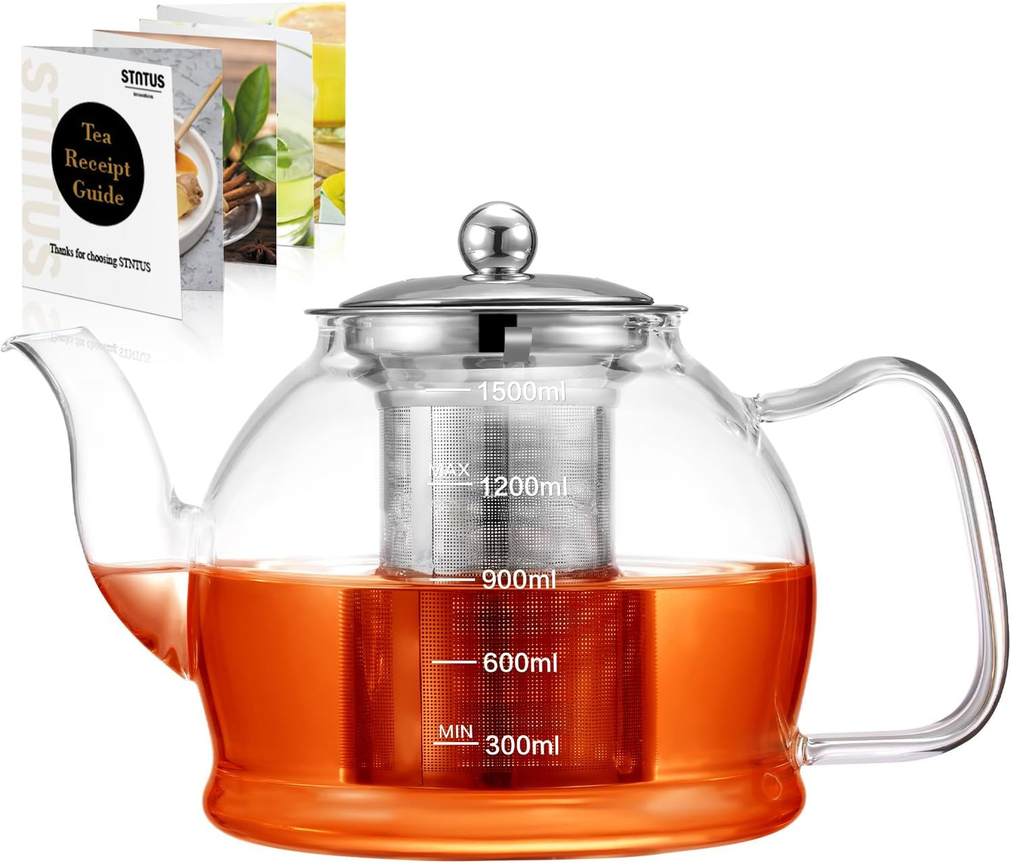 STNTUS Glass Teapot, 40 oz. / 1200 ml for Loose Tea, With Infuser and Stainless Steel Strainer, Stovetop Safe, 4-6 Cups