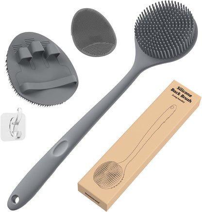 Manmihealth Silicone Back Scrubber (Thick Bristles) & Bath Glove & Face Brush Set (3PCS), Super-Exfoliating & Lathering Body Scrubber, Shower Brush, Face Scrubber Combination, with a Free Hook (Black)