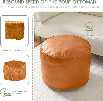 HIGOGOGO Round Stuffed Pouf Ottoman, Pu Leather Poufs with Foam Chunk Filling, Furry and Fluffy Pouf Foot Stool Storage Ottoman, 20 X 15 Floor Poufs Foot Rest for Living Room,Dark Brown