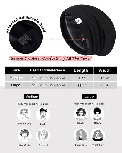 YANIBEST Hair Cover Bonnet Satin Sleep Cap - Adjustable Stay on Silk Lined Slouchy Beanie for Night Sleeping Surgical Hats Pure Black