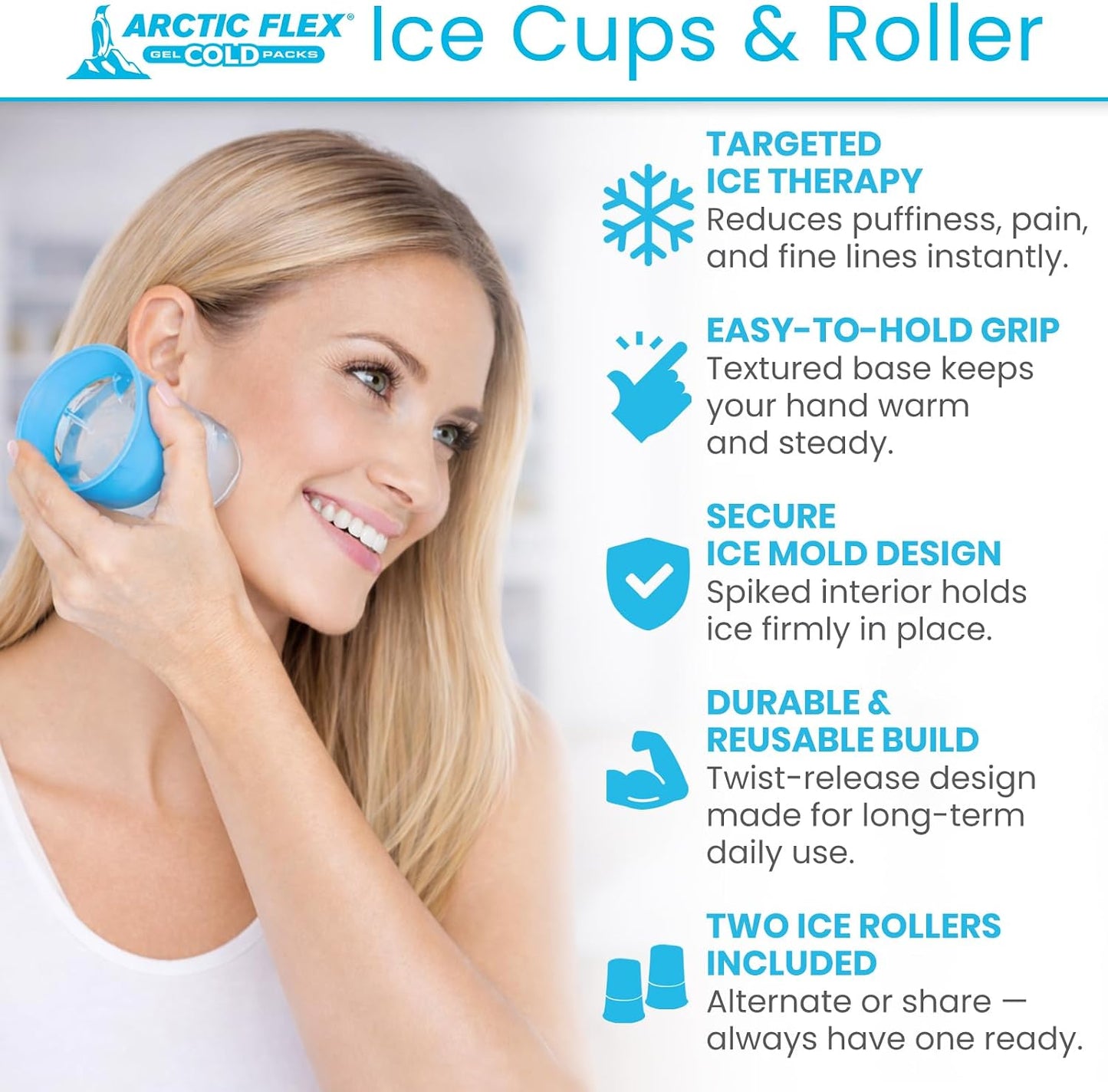 Arctic Flex Ice Roller for Face, Eyes & Neck (2 Pack) - Facial Ice Cube Roller Massager for Skin Care, Eye Bags, Migraine Pain - Reusable Silicone Ice Mold Tool Reduces Puffiness & Enhances Beauty