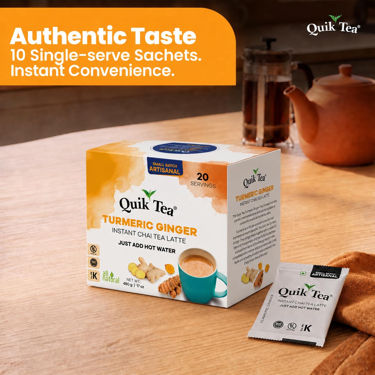 QuikTea Instant Cardamom Chai Tea Latte Unsweetened, 20 Single-Serve Sachets, Artisanal Indian Chai Latte Mix, Just Add Hot Water, Low Caffeine, Non-GMO, Gluten Free