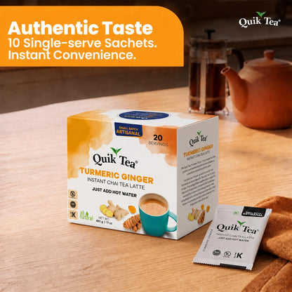 QuikTea Instant Cardamom Chai Tea Latte Unsweetened, 20 Single-Serve Sachets, Artisanal Indian Chai Latte Mix, Just Add Hot Water, Low Caffeine, Non-GMO, Gluten Free