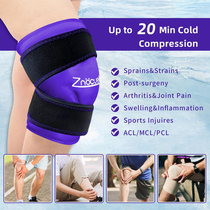 ZNÖCUETÖD Enhanced Knee Ice Pack Wrap 2 Pack for Pain Relief, Large Gel Ice Pack for Knee Leg Injuries Reusable with Cold Compression for Tendonitis, Arthritis, Swelling, Bruises, Surgery Recovery