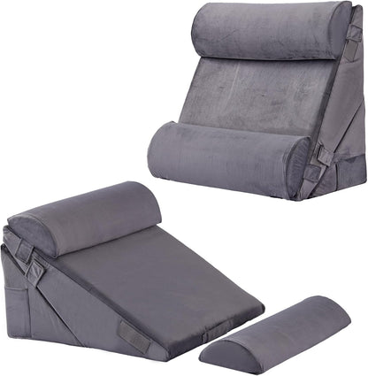 Bedluxe Wedge Pillow Headboard, 3PCS Orthopedic Bed Wedge Pillows Set for After Surgery, Adjustable Pillow Wedge for Acid Reflux&Back Pain Relief, Sleeping, Back Pillow for Bed Sitting Up, White/Grey