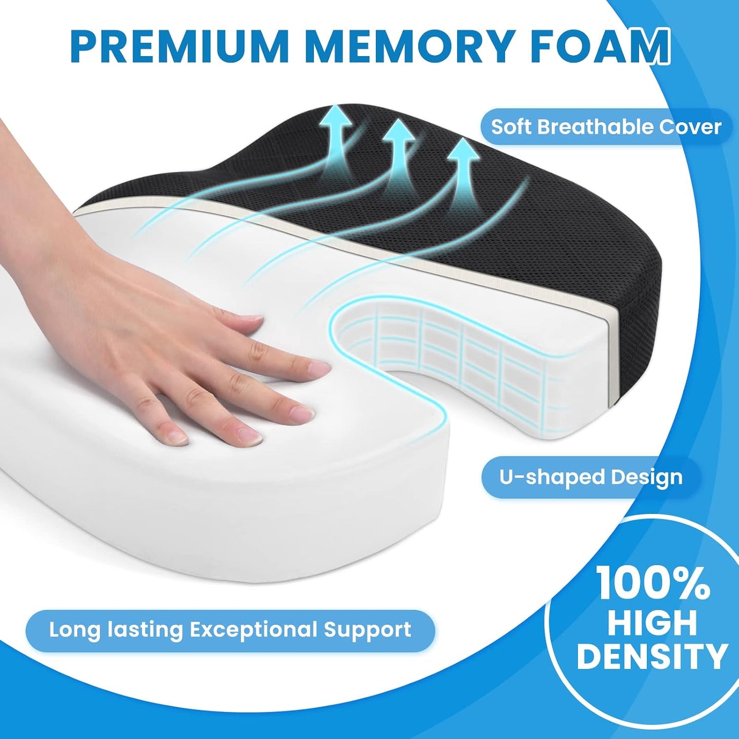 TushGuard Seat Cushion - Memory Foam Sitting Pillow for Office Chair, Car Seat, Airplane, Bleacher - Sciatica & Hip & Coccyx Pain Relief Desk Chair Cushion for Long Sitting Office Workers, Car Drivers