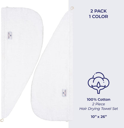 American Soft Linen 100% Cotton Hair Towels for Women, Head Towel Cap, Cotton Hair Turban Towel Wrap for Long Curly Anti Frizz Hair, Soft and Absorbent Cotton Hair Towels 2 Pack, White