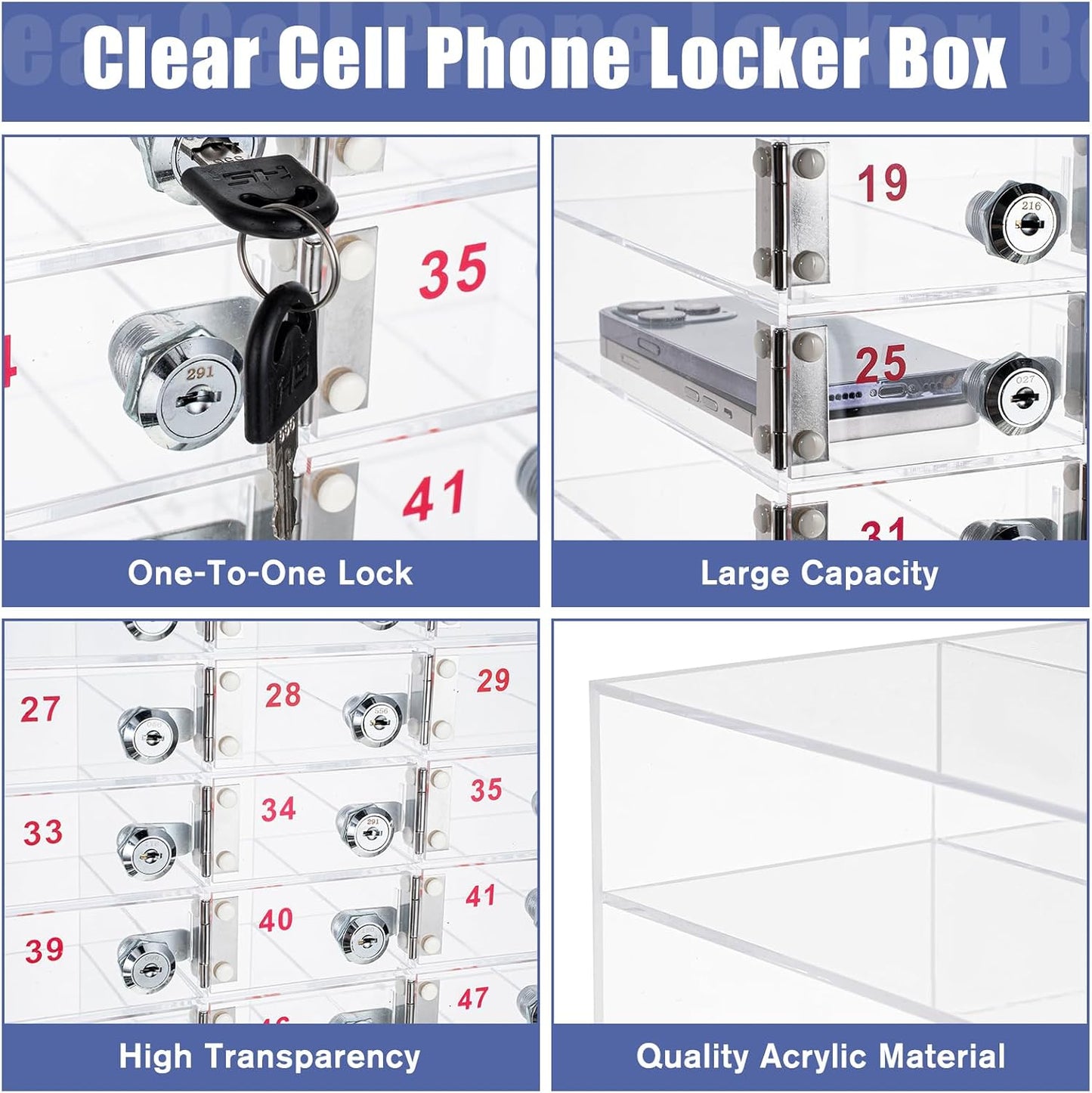 Layhit 20 Slots Cell Phone Locker Box for Classroom Clear Acrylic Cell Phone Storage Cabinet Bin with Door Locks for Classroom School Students Office Factory Employees