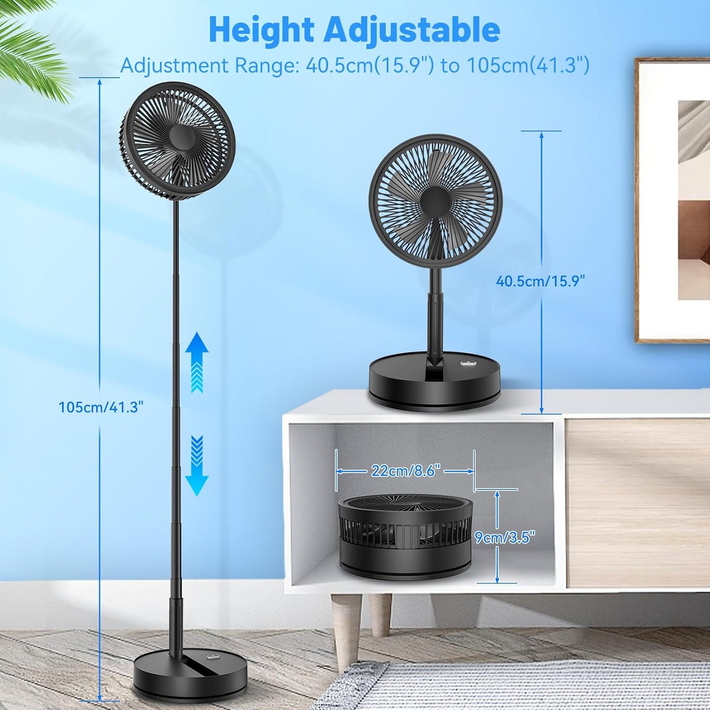 Portable Foldable Rechargeable Oscillating Fan - 8.6" 8000mah Battery Operated USB C Small Fan with Remote Quiet Table Desk Fan Folding Standing Pedestal Fan for Bedroom Rome Office Camping Travel