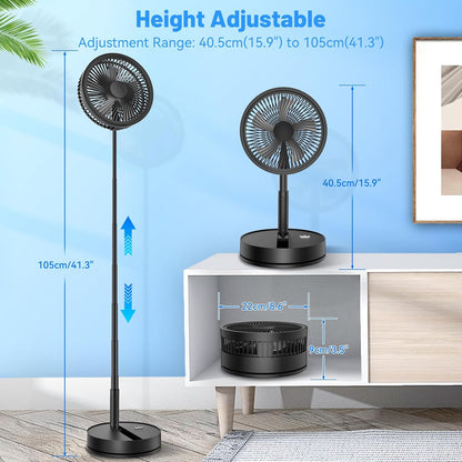 Portable Foldable Rechargeable Oscillating Fan - 8.6" 8000mah Battery Operated USB C Small Fan with Remote Quiet Table Desk Fan Folding Standing Pedestal Fan for Bedroom Rome Office Camping Travel