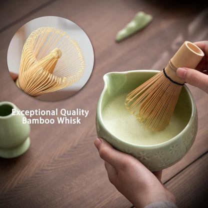 Buucup Matcha Whisk Set, Ceramic Matcha Kit Set Includes Matcha Bowl, Matcha Whisk and Holder, Bamboo Scoop, Scoop Rest, Sifter and Tea Towel - 7 Pcs Matcha Kit for Matcha Lovers (Mottled Green)