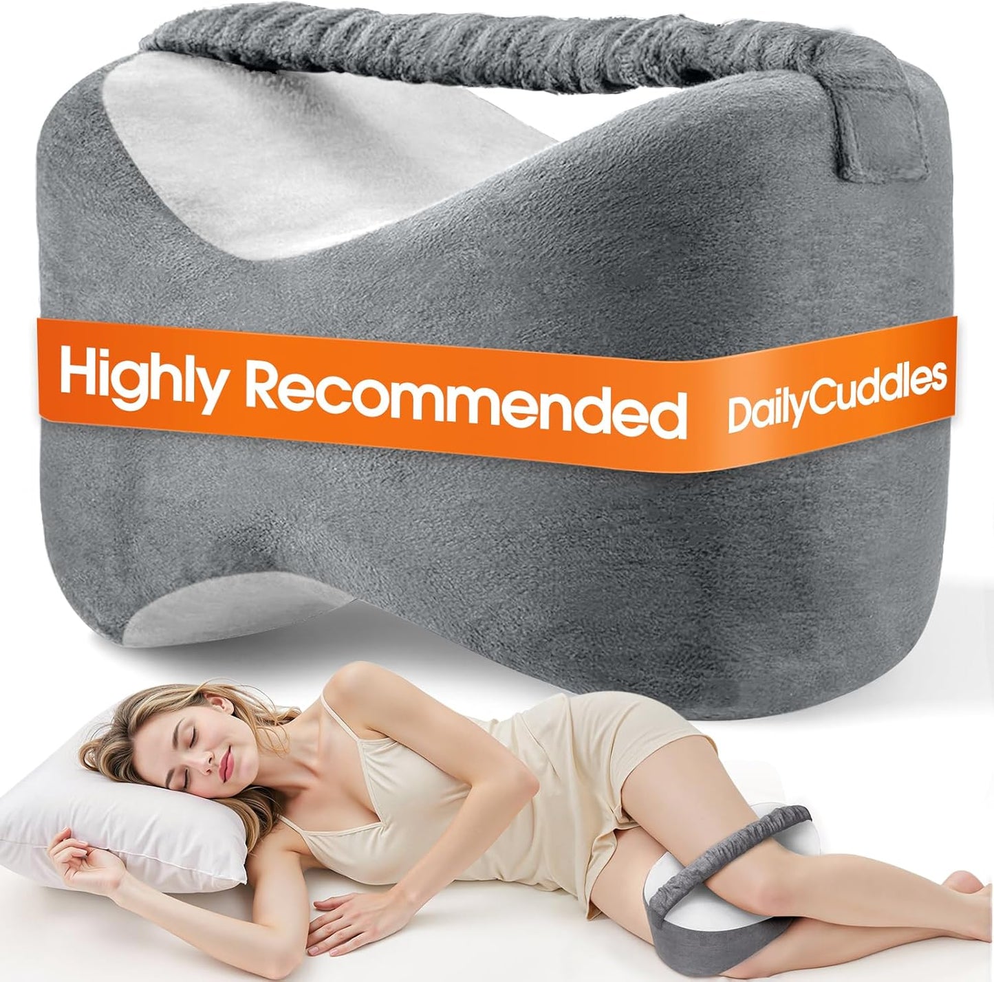 Knee Pillow for Side Sleepers with Strap, Supportive Memory Foam Leg Pillow for Side Sleeping & Spine Support, Ergonomic Curved Design for Hips and Back, Light Grey