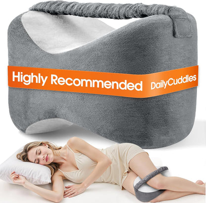 Knee Pillow for Side Sleepers with Strap, Supportive Memory Foam Leg Pillow for Side Sleeping & Spine Support, Ergonomic Curved Design for Hips and Back, Light Grey