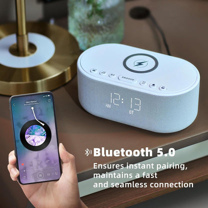 Sound Machine Alarm Clock for Bedrooms: Bluetooth 10W Stereo Sound Speaker with Wireless Charging - White Noise Machine for Sleeping with 21 Soothing Sounds - Putty