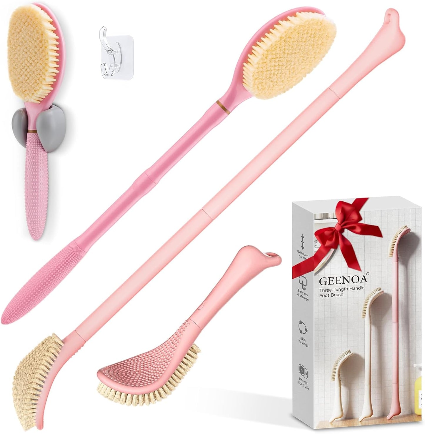 New Foot Brush with Adjustable Long Handle, 3-in-1 Foot Scrubber for Wet or Dry Brushing, 10.2’’- 27.5’’ Foot Scrub Brush for Senior, Pregnant, Disabled, or Injured, Gift-Box Packed(White)