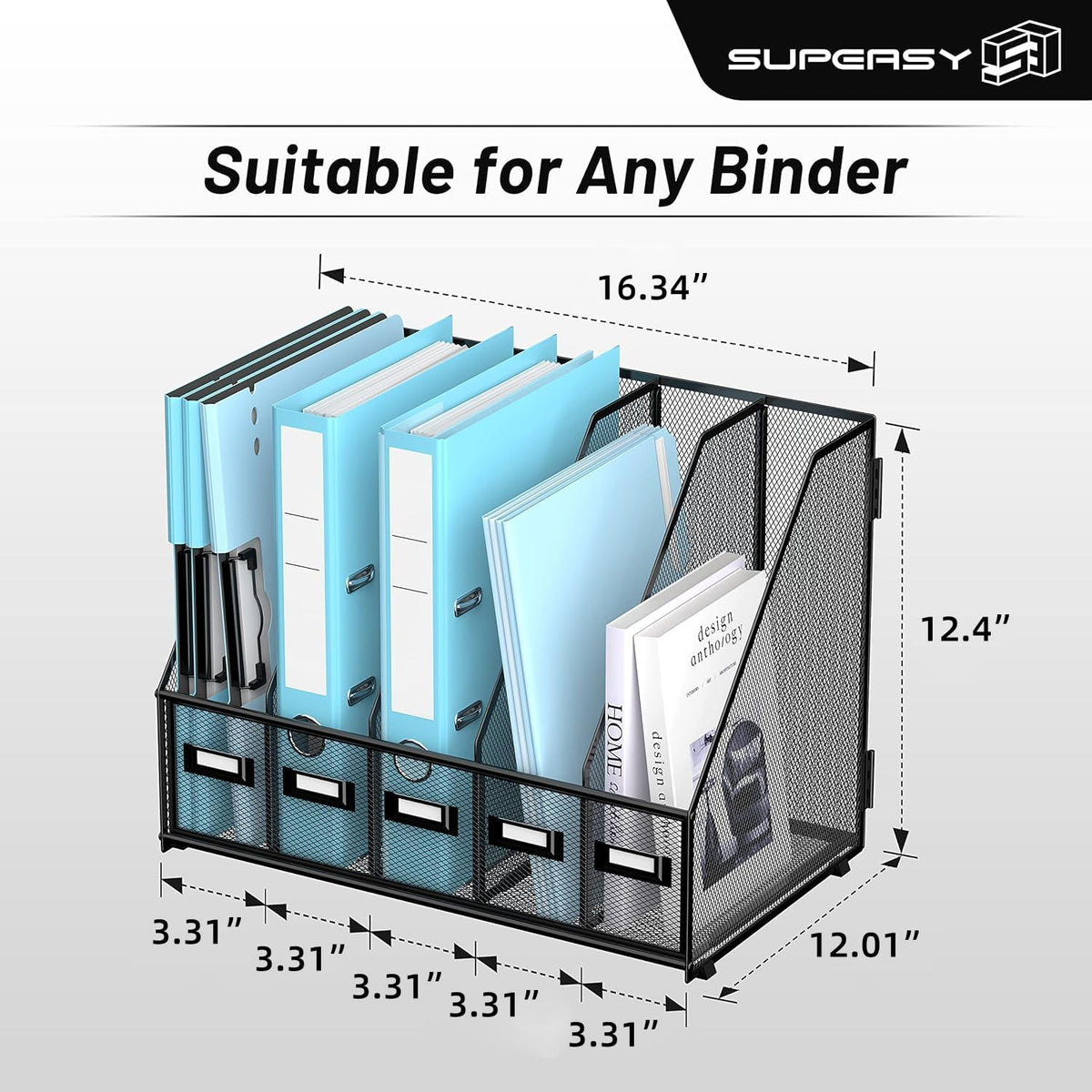 SUPEASY Desk Organizers Metal Desk Magazine File Holder with 5 Vertical Compartments Rack File Organizer for Office Desktop, Classroom, Home Workspace, Black