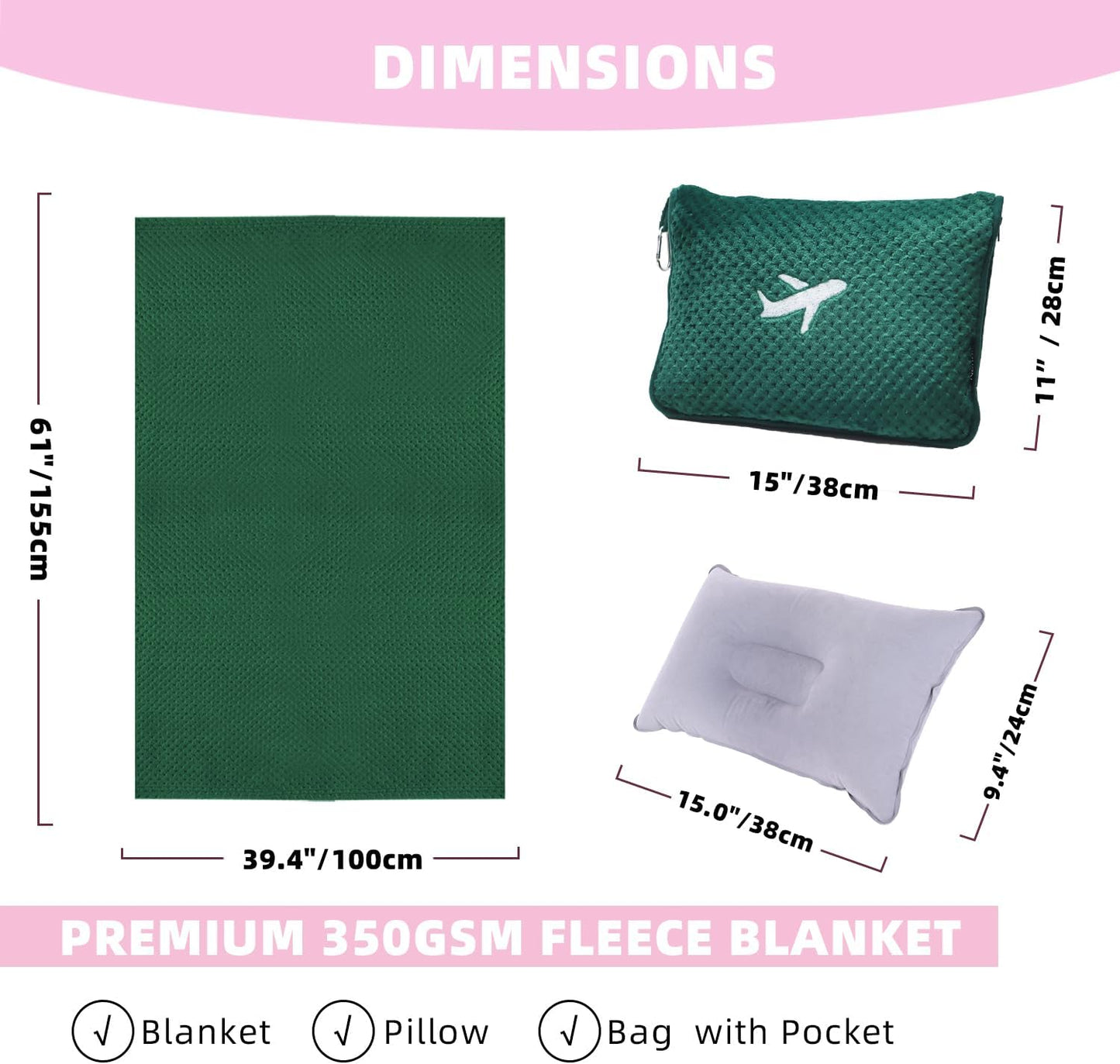 3 in 1 Travel Blanket Pillow Set - 350 GSM Thick Travel Blanket Airplane Compact with Bag, Soft Bag with a Pocket, Inflatable Travel Pillow for Camping & Car Trip(Mint Green)