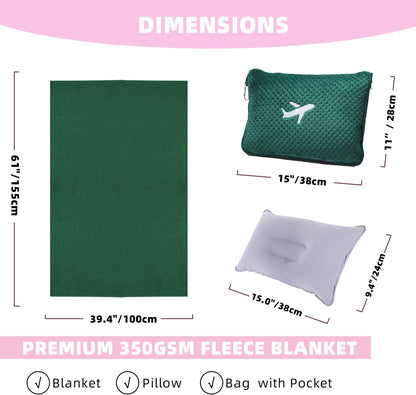 3 in 1 Travel Blanket Pillow Set - 350 GSM Thick Travel Blanket Airplane Compact with Bag, Soft Bag with a Pocket, Inflatable Travel Pillow for Camping & Car Trip(Mint Green)