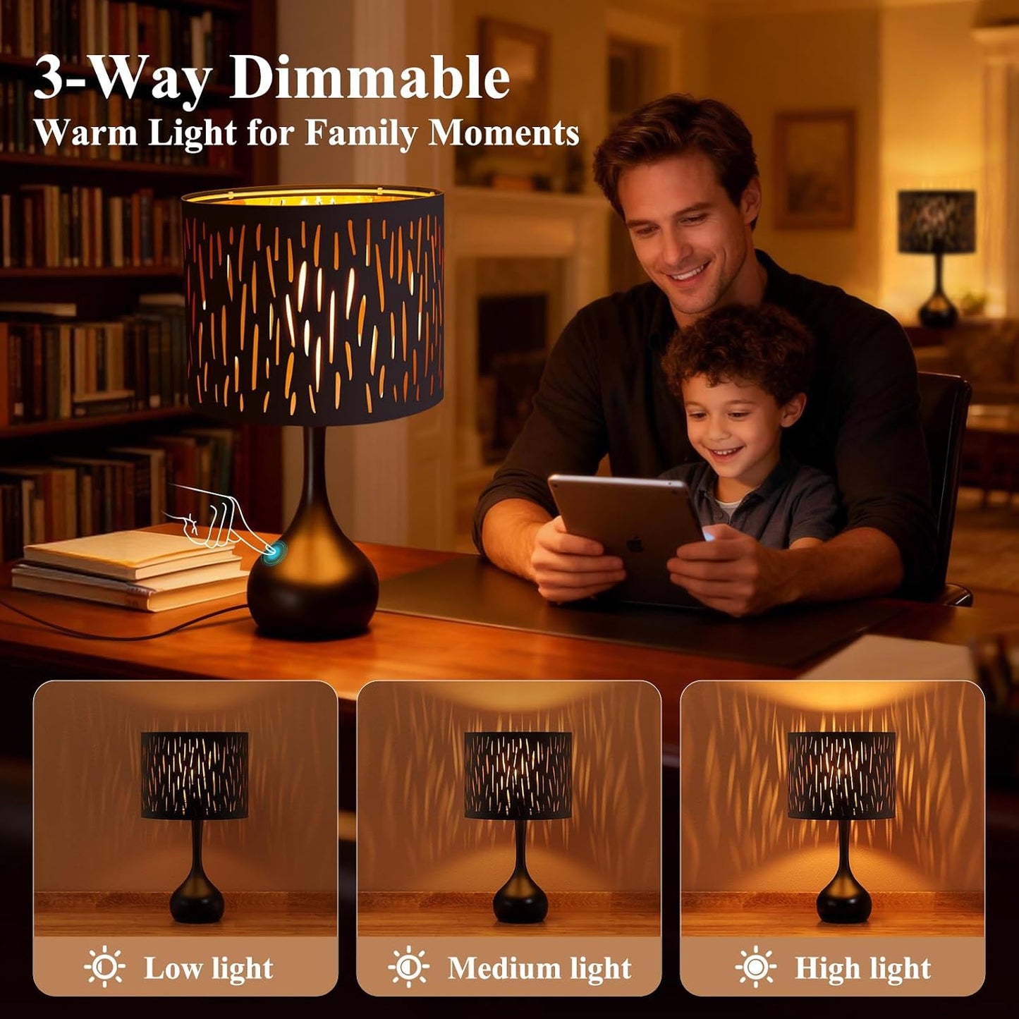 ONEWISH Touch Bedside Lamp for Bedroom, 3-Way Dimmable Farmhouse Table Lamps for Nightstand with Fabric Shade, Desk Lamp for Kids Reading, Home Office