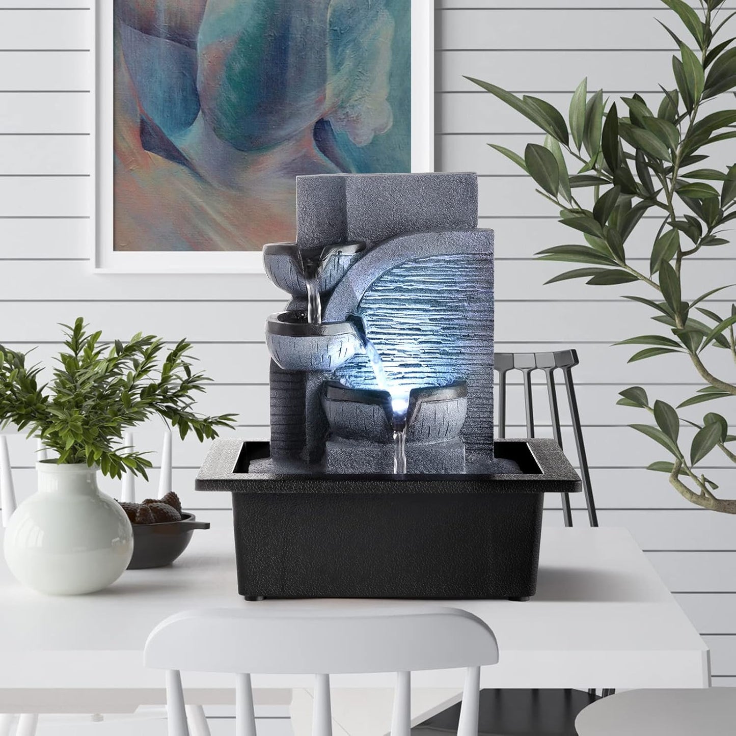 WICHEMI Indoor Fountain Tabletop Fountain Waterfall Fountains Stacked Rocks | Desktop Fountain With LED Light, Soothing Sound, Stress Relief, Humidifies Air, No Plumbing, Easy Setup, 11.8"X8.7"X5.9"