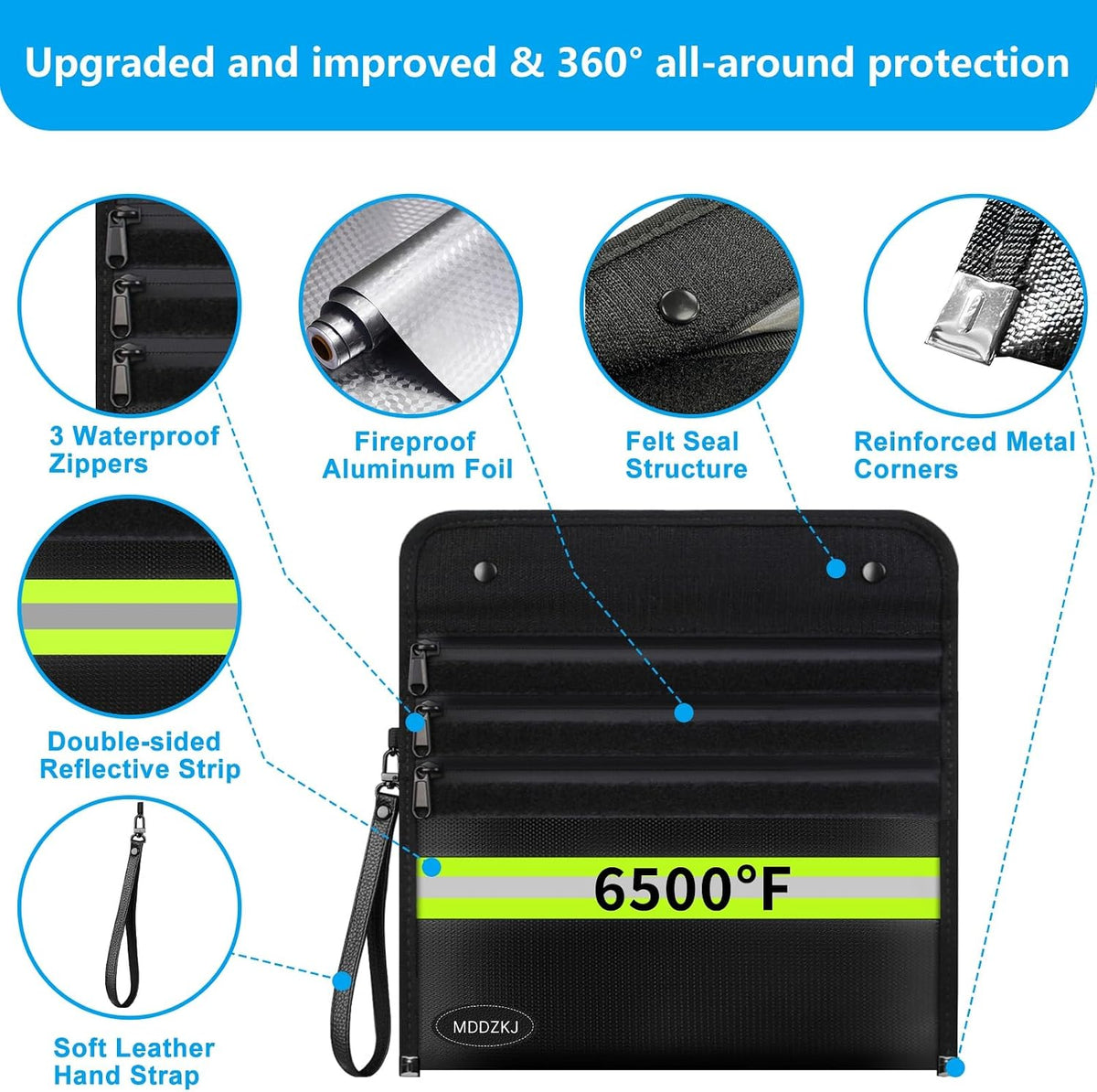 6500℉ Upgraded Fireproof Cash Bag (11.2x7.7 inch) with 2 Pockets,Small Fireproof Safe with 2 Zipper,Storage Cash,Legal Documents Safe,10 Layers of Heat Insulated Materials(2 Pack)