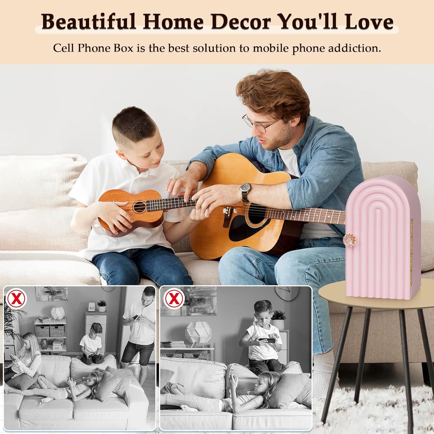 Phone Box for Family Time, Bamboo Cell Phone Jail, 3 Sections Hold 6 Phones, with Charging Holes, Phone Holder Self-Discipline Box, Help Kids Adults Focus Back, Mobile Phone Addiction (White)