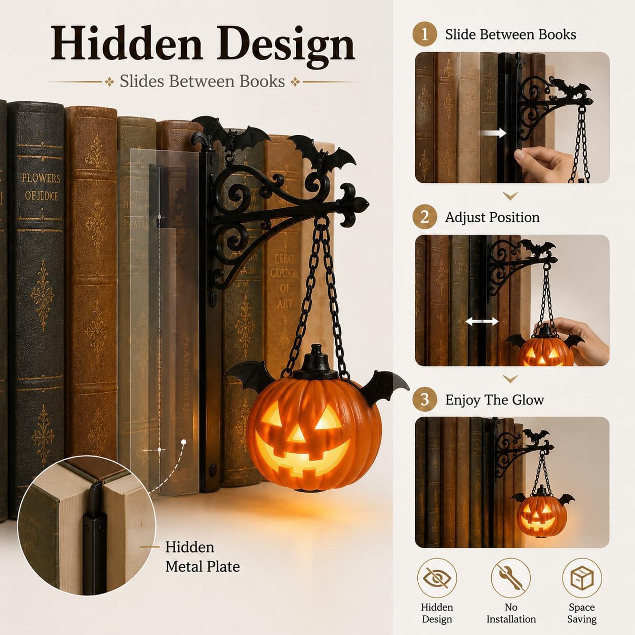 Library Lantern-Decorative Bookshelf Lighting, Mini Bookshelf Lamp Slides Between Books, Warm Amber LED Bookshelf Lights for Book Nook, Shelf Decor Gift for Book Lovers(Reading Ghost)