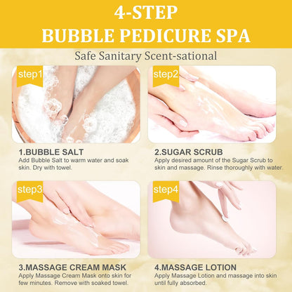 Pedicure Kit Foot Soak Set: Bubble Salt, Sugar Scrub, Massage Mask, Massage Lotion in a Box, 4 Step Foot Spa Kit for Dry Feet, Softens Calluses, Tired Feet（3 Set Lavender) - Colors B